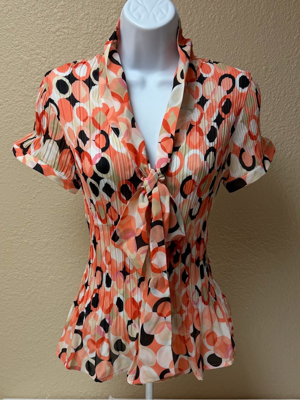 4/$20 Worthington Orange Multi-Print Tie-Neck Blouse